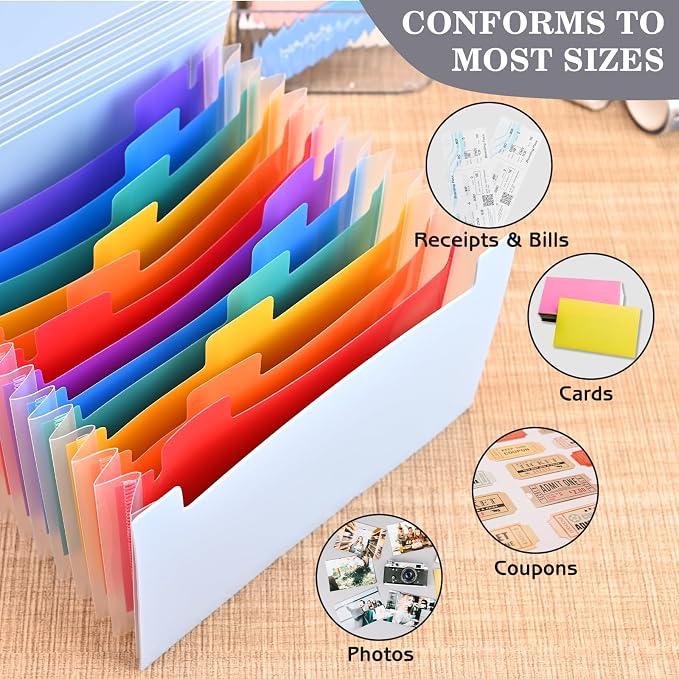 2Pcs Receipt Coupon Holder Organizer, 13 Pockets Small Accordian File Organizer, Expanding File Folder with Colorful Tabs, A6 Size for Cards, Check, Tickets, Monthly Bills Storage (Blue)