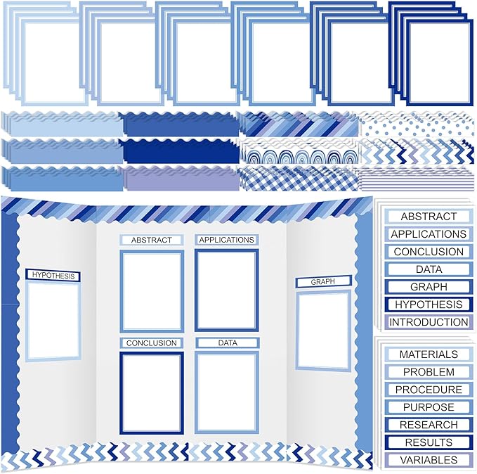 Fuyoooo 90 Pcs Science Fair Board Supplies 60 Trim Scalloped Bulletin Board Borders 24 Presentation Board Subtitles 6 Science Fair Titles for Classroom Display Boards (Blue Boho)