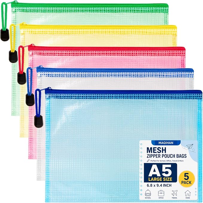 Mesh Zipper Pouch Bags - 5 Pack Waterproof Zipper Bags 6.8x9.4 Inch A5 Clear Mesh Storage Pouches Assorted Colors for Home, Office, School, Travel, Puzzles, Cosmetic, Accessories