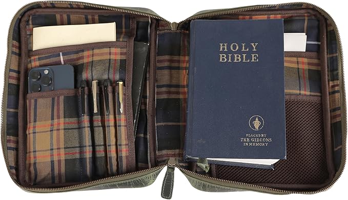 Leather Bible Cover for Men & Women – Zippered Bible Case with Handle, Note & Pen Organizer – Fits Large Study Bible – 11.5x8.5 Inch (Green)