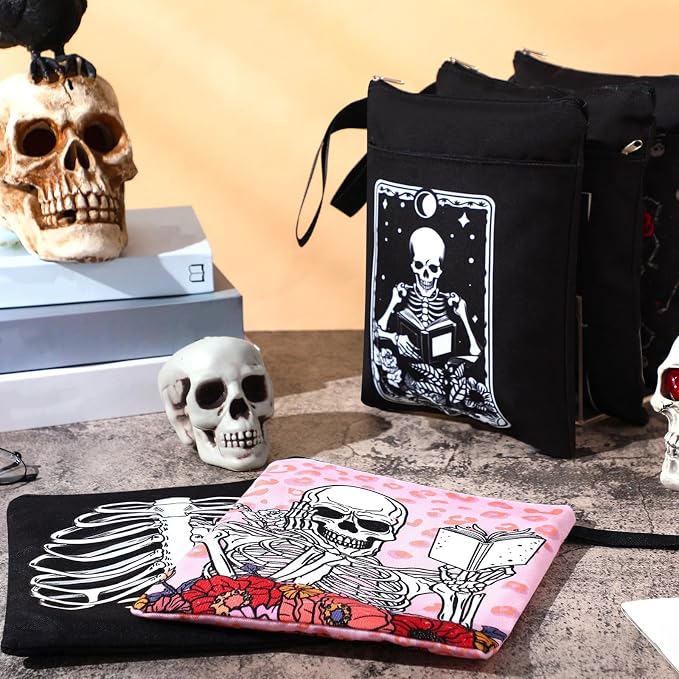 Fuyoooo 6 Pack Gothic Book Covers Book Club Gifts Book Covers for Paperbacks Skeleton Book Sleeve with Zipper Book Case Bag Gothic Book Protector for Book Lovers Teacher Student Gifts