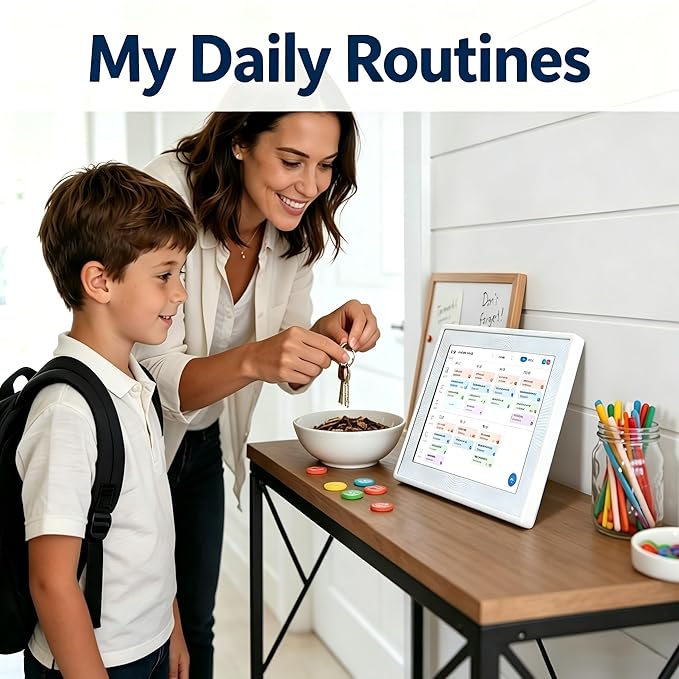 10.1" Smart Chore Chart & Visual Schedule for Kids - Digital Daily Routine Board, Neurodivergent Friendly Gamified Planner display, App Syncs w/Google Calendar, No Subscription (White)