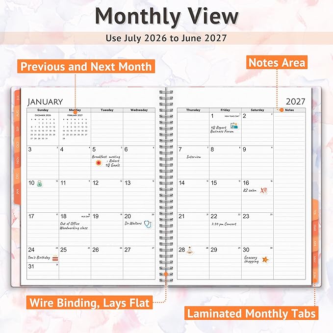 CRANBURY 2026-2027 Academic Large Planner 8.5 x 11, July 2026 to June 2027, Watercolor Theme, Planning Book, Monthly Tabs, Movable Bookmark, Stickers