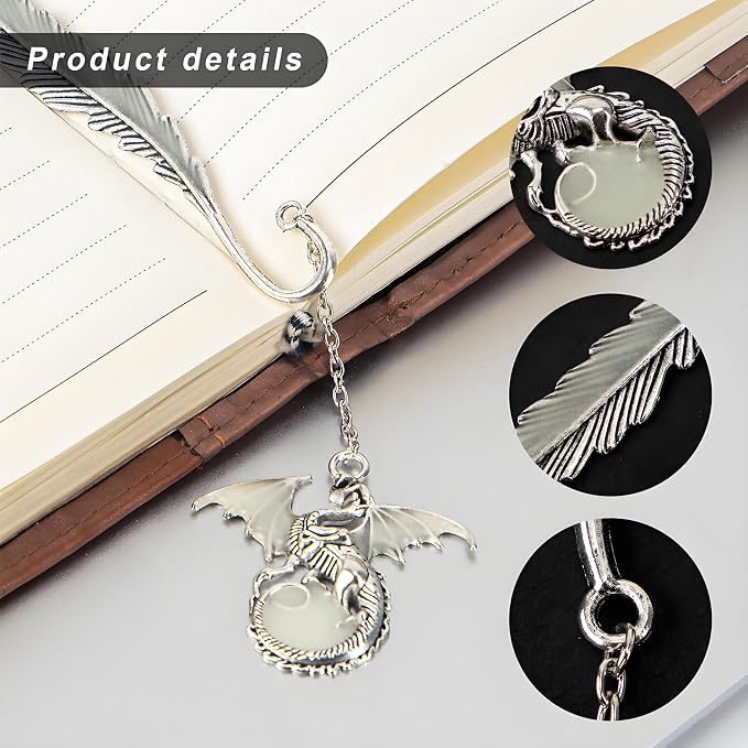 Vintage Feather Dragon Metal Bookmark, Glow in The Dark Dragon Gift, Fantasy Bookmark Gifts, Cool for Women Men, Reading Lovers (Antique Silver Dragon)