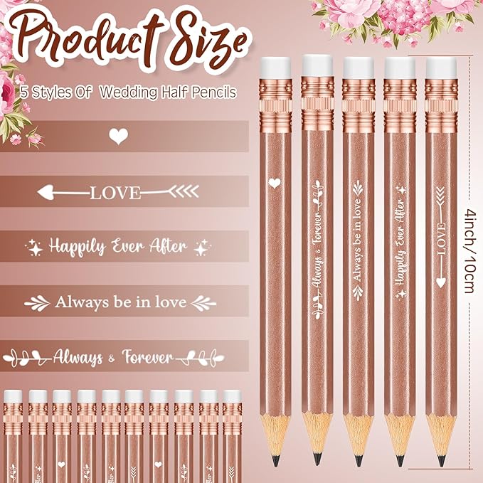 Crtiin 50 Pcs Bridal Shower Pencils Half Golf Wedding Pencils with Eraser 4 Inch Short Pocket Pre Sharpened for Wedding Game Bridal Shower Presents Classroom School(Rose Gold)