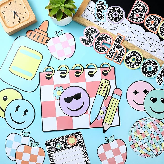Mooliwe 94pcs Composition Notebook Bulletin Board Welcome Back to School Classroom Bulletin Board Decor Smile Face Stationery Paper Cutout for First Day of School Chalkboard Wall Door(Classic)