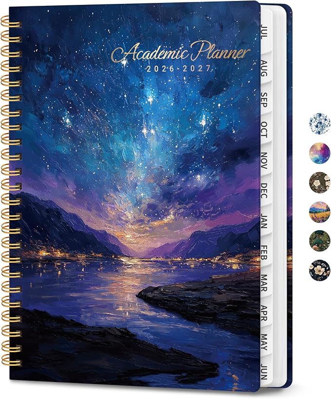 Planner 2026–2027, Academic Planner Weekly and Monthly Calendar Jul 2026 – Jun 2027 Hardcover Planner with Tabs and Pocket, Spiral Bound Agenda Book for Student & Teacher, 6.3" x 8.5", Starlit Waters
