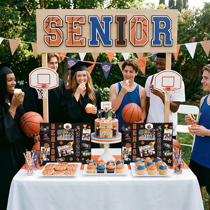 Tinlade 3 Set Basketball Senior Night Gifts Senior 2026 Photo Display Board 24" x 16" Trifold Poster Board with Basketball Themed Stickers for Graduation Picture Frame Sport Theme Party Supplies