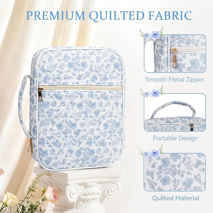 Bible Cover Case for Women Large Quilted Bible Carrying Bag with Handles Bible Study Supplies & Accessories Christian Gifts for Women(Blue Flower, M)