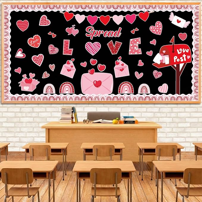 Valentine's Day Bulletin Board Decoration Set Heart Bulletin Board Borders for Bulletin Board Happy Valentine's Day Party Classroom Decorations Malibox Chalkboard Wall Door Decor