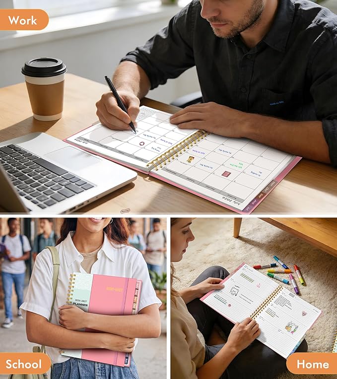 Academic Planner 2026-2027, Weekly and Monthly Calendar Planner from July 2026 - June 2027, 6.1" x 8.2" A5 Large Daily Agenda Book with Tabs, Flexible Cover, College School Organizer for Student Teacher,Pink