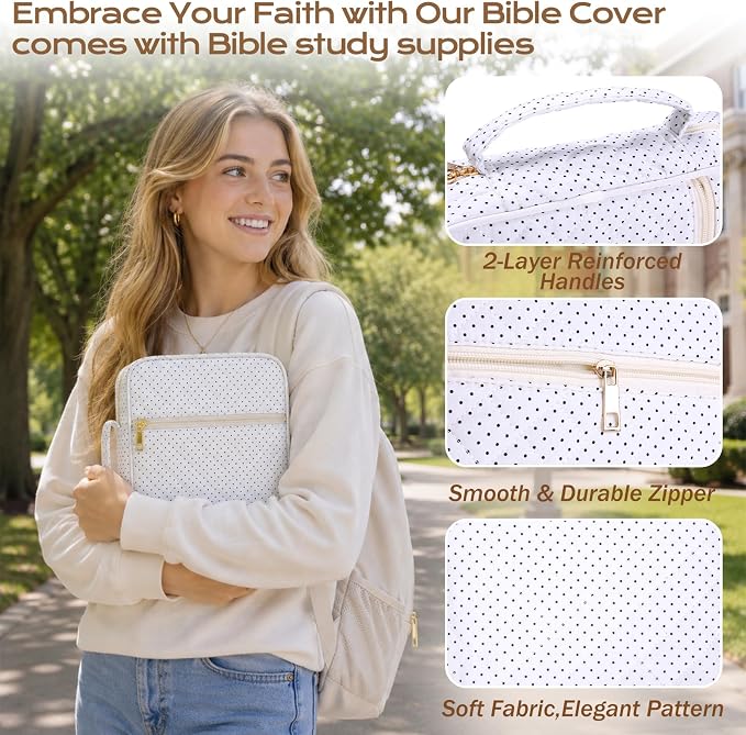 XKDOUS 30 Pcs Bible Cover for Women Quilted Bible Bag w/Handle, Tabs, Study Supplies Bible Journaling Kit Portable Book Carrying Case Christian Gifts for Mother Lady