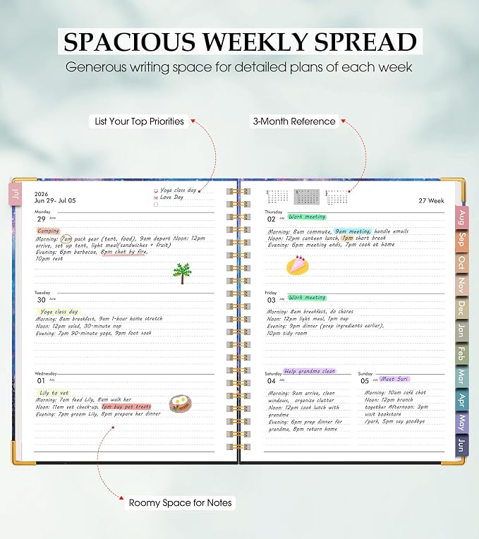 Academic Planner 2026-2027, Hardcover Leather Weekly and Monthly Calendar Planner from July 2026 - June 2027, A5 6.1" x 8.2" Daily Agenda with Tabs, College School Organizer for Student Teacher, Forest Under a Starry Sky