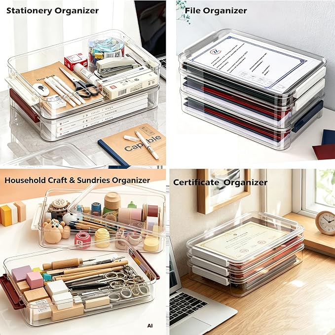 2 Pack Document Storage Clear Plastic Storage Boxes with Lids Stackable Storage Bins Paper Storage Box Containers for Organizing A4 File Paper, Document, Photo, Scrapbook