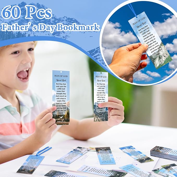 60 Pcs Happy Father's Day Man of God Bookmarks Religious Christian Bookmarks Church Bookmarks Gift for Teens Men Women Church Home Party Favors