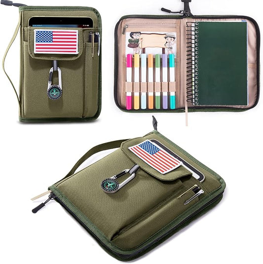 Handbook Book Cover Compatible with BoyScoouts Handbook with Amercan Flag Patch and Compass - Book Sleeve - Handbook Protector for Boys Girls