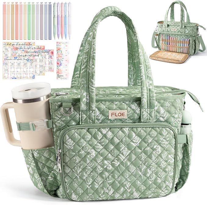 Large Bible Bag for Women Bible Cover Case, Quilted Puffer Bible Tote Bag Church Bag w/Shoulder Strap, Bible Study Supplies Journaling Kit Accessories Pen Tabs, Christmas Christian Gifts for Women Mom
