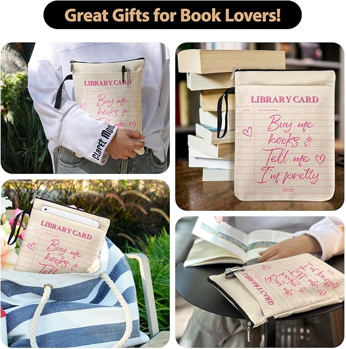 Vintage Library Card Pattern Book Sleeve for Librarian Book Lovers Friends Women with Zipper & Handle, Book Cover Gifts for Book Club Bookworm Birthday Reading Day - Buy Me Books Tell Me I'm Pretty