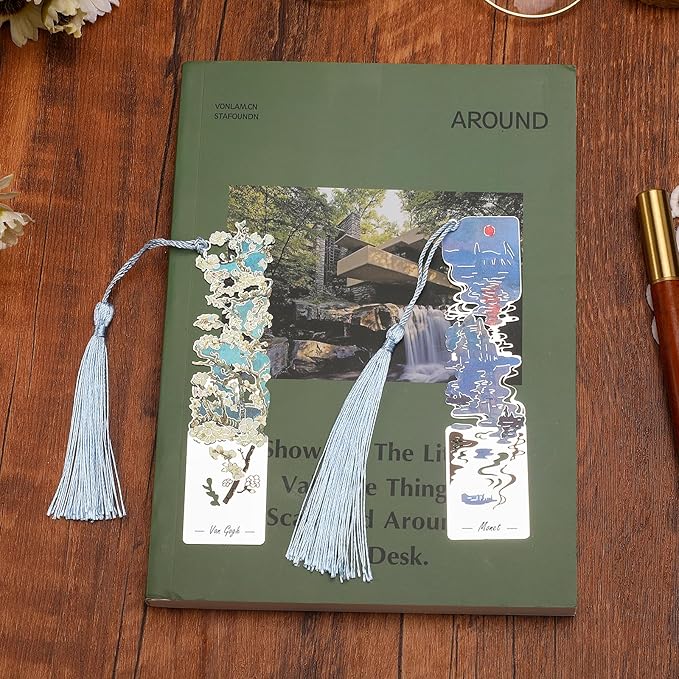 2 PCS Metal Bookmarks with Tassel, Almond Blossoms and Impression Sunrise Bookmark