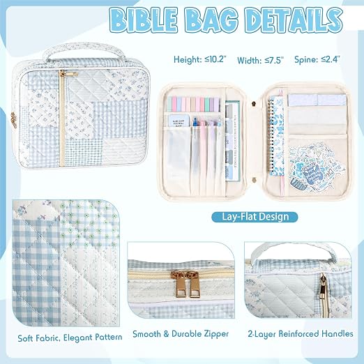 Capoda Bible Cover Case for Women, Bible Tote Bibles Study Supplies with Notebook Highlighters Ballpoint Pen Sticky Notes Scripture Card for Mother's Day Christian Gifts Women Mom Girls(Patch,Blue)