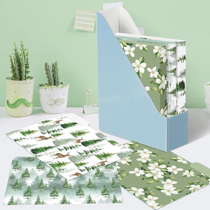 Xqumoi 12Pcs Watercolor Forest File Folders - Christmas Letter Size Decorative File Pockets with 1/3 Cut Tab Pretty Tree Flower Folders for Office Home Classroom Supplies Documents, 8.9 x 11.6 Inch