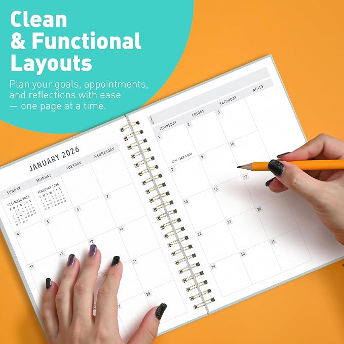 Sweetzer & Orange 2026 Planner – 6" x 8.25" Dated Daily, Weekly & Monthly Calendar Planner – January to December 2026 – Eucalyptus Design with Motivational Stickers, Gold Spiral & Sturdy Paper