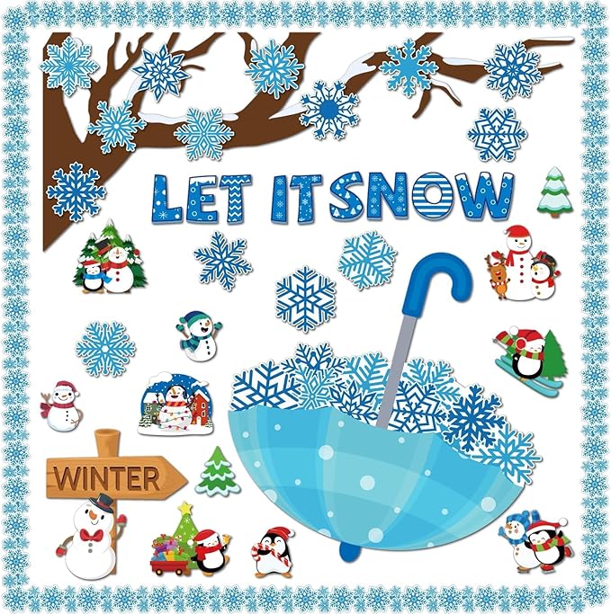 153 Pcs Winter Bulletin Board Decorations Set Let It Snow Classroom Tree Snowflake Cutouts with Borders Glue Points for School Classroom Christmas Bulletin Board Blackboard Chalkboard Decor