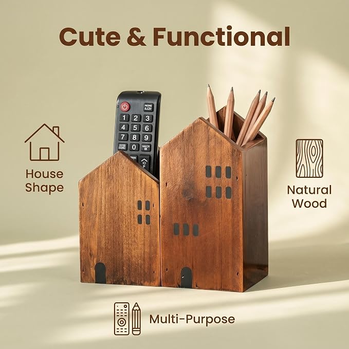 DAWASAPAT Rustic Wooden House Remote Control Holder/Remote Caddy & Desktop Organizer for TV Remotes, Stationery, Pencils, and Glasses set of 2