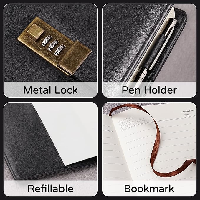 WEMATE Diary with Lock, A5 PU Leather Journal with Lock 240 Pages, Vintage Locks Journal Password Notebook with Pen, Locks Diary Planner Organizer for Men and Women, 8.6x5.8in Black