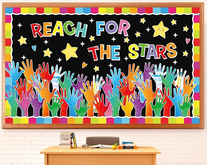 Reach for The Stars Bulletin Board Decorations Set Welcome Back to School Colorful Handprint Paper Cutouts Motivational Classroom Bulletin Board Decor for Preschool Supplies Door Chalkboard Wall