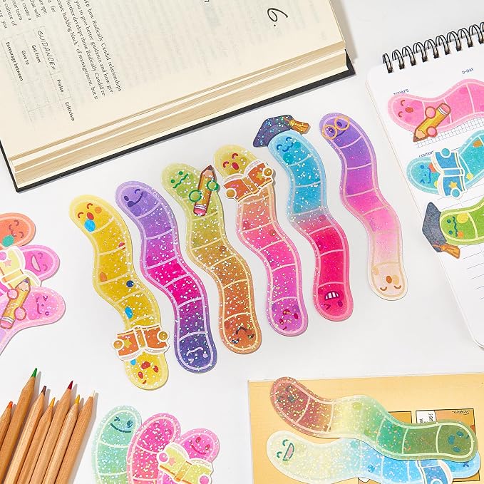 30Pcs Bookworm Bookmarks, Gliter Paper Cute Bookmark, Double Printing, Bookish Gifts for Book Lovers, Students, Readers - Cool Stationery for School & Library