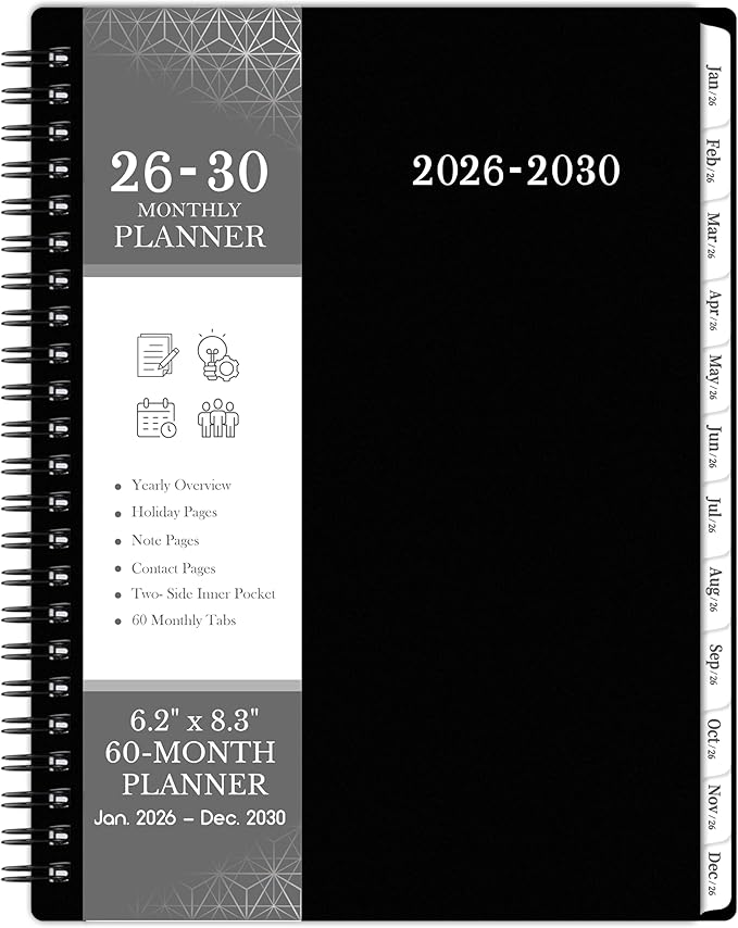 2026-2030 Monthly Planner/Calendar - Jan. 2026 - Dec. 2030, Monthly Planner, 5 Year, 6.2" x 8.3", Multi Year Calendar 2026-2030 with Twin-Wire Binding, Tabs, Storage Pocket - Black