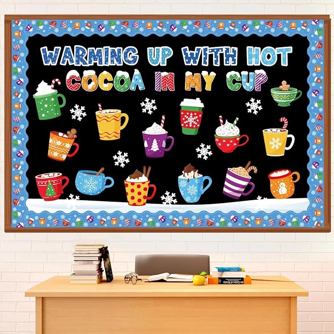 Funrous 52 Pcs Winter Bulletin Board Set Hot Cocoa Classroom Decor Winter Bulletin Boards Warming up with Hot Cocoa Latte Snowflake Cutouts for Christmas Holiday Party School Classroom Home Wall Decor