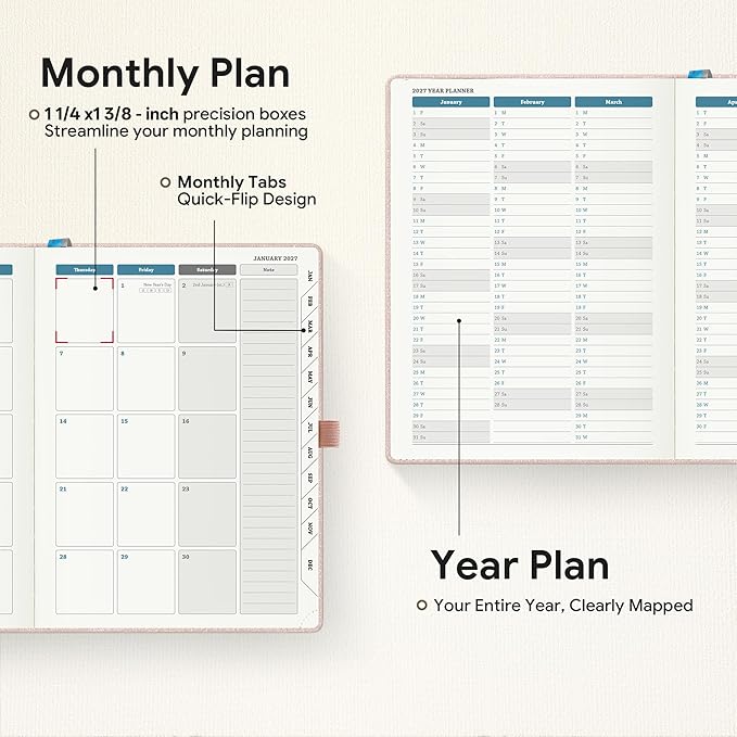 Planner 2026-2027 Weekly & Monthly Planner, 18 Month Academic Calendar July 2026 – Dec 2027, Horizontal Layout with Monthly Tabs, Textured Fabric Hardcover, Pink