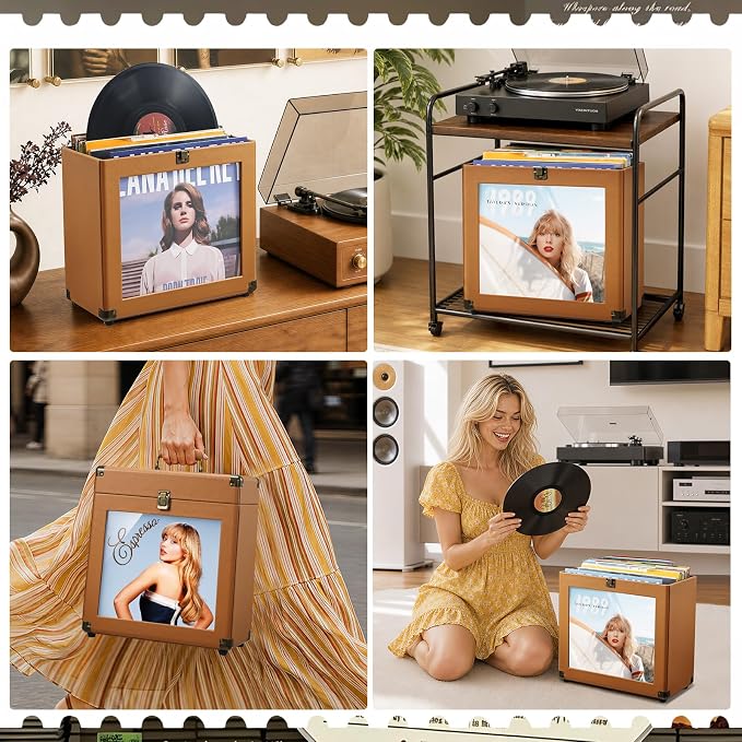 Hododou Vinyl Record Storage Box with Lock Record Organizer Storage for 30+ Single Records 12-inch Water Resistant Collapsible Storage Crate with Lid Handle Mesh Pouch for Vinyl Collect Acrylic Brown