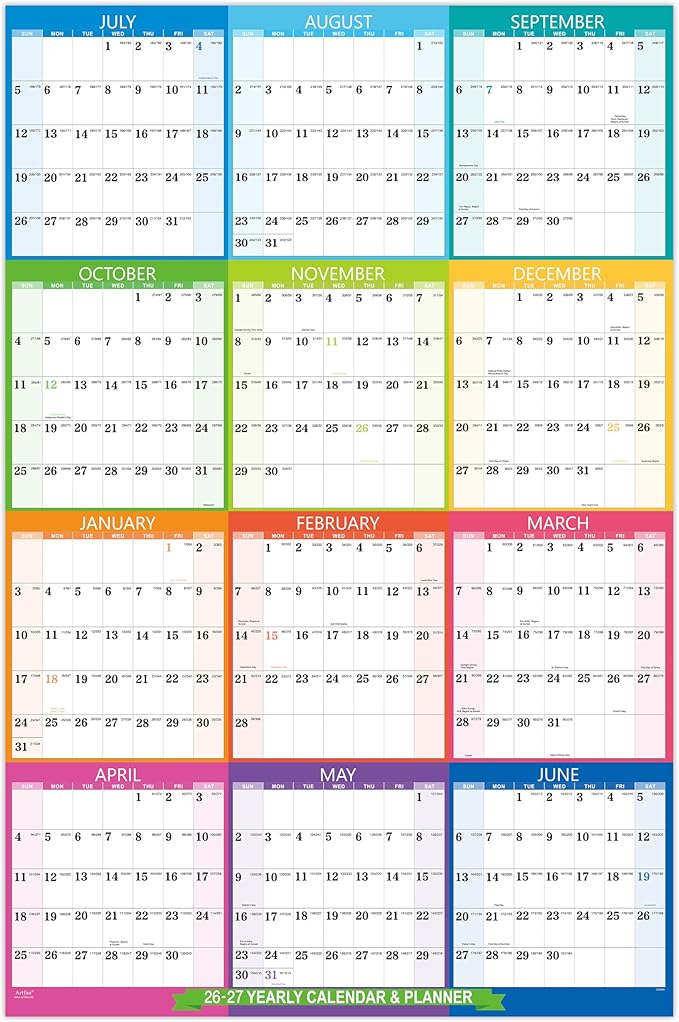 2026-2027 Yearly Wall Calendar - 2026-2027 Calendar, July 2026 - June 2027, Yearly Calendar/Planner, 34.3" x 22.8"(Open), Wall Calendars 26-27 with Double-Sided Round Sticks - Colorful