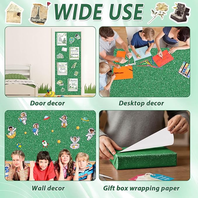 Glitter Bulletin Board Paper Roll Sparkle Wrapping Paper Bulletin Board Decor Glitter Poster Gift Wrapping DIY Art Crafts Wallpaper Background for Home Office Classroom Decoration 17" x 20ft, Green