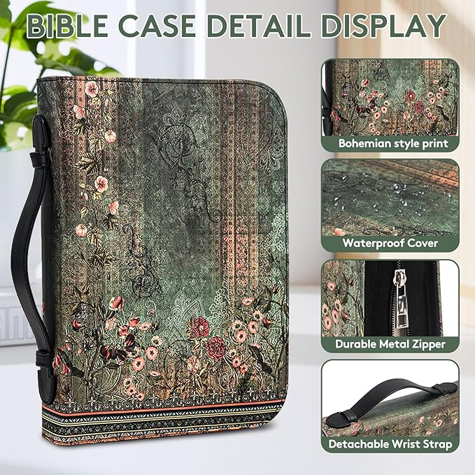 Bible Cover Case for Women PU Leather Woman Book Carrying Bag Bible, Protective Bible Organizer Holder Bag with Handle and Zippered Pocket, Christian Gift for Lady Girls (Boho Floral, L)