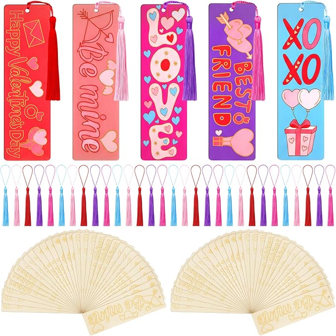 100 Pcs Valentine's Day Wood Bookmarks Bulk DIY Crafts Kit, 50 Set Blank Valentine Hearts Coloring Bookmarks with Tassel for Classroom Gifts Exchange Activity Reading Party Favor Reward Goodie Fillers