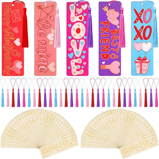 100 Pcs Valentine's Day Wood Bookmarks Bulk DIY Crafts Kit, 50 Set Blank Valentine Hearts Coloring Bookmarks with Tassel for Classroom Gifts Exchange Activity Reading Party Favor Reward Goodie Fillers