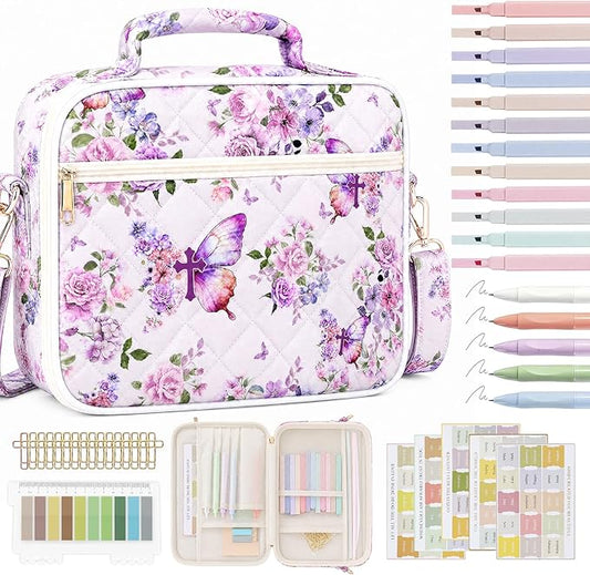 ACOCO Bible Cover Case for Women, All-in-One Bible Study Supplies with Shoulder Strap, Butterfly Floral Quilted Bible Bag with Pens Tabs Ruler, Christian Gifts for Women, Mom, Grandma & Daughter