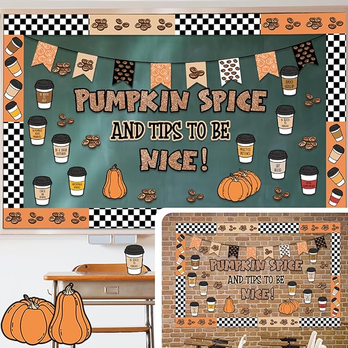 Honoson Fall Thanksgiving Coffee Bulletin Board Decorations Set Coffee Cup Bulletin Board Classroom Decoration Autumn Pumpkin Spice Paper Cutouts for Thanksgiving Fall Party Blackboard Wall Decor
