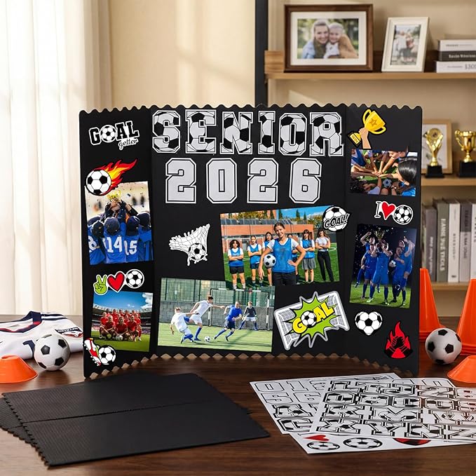 Tinlade 3 Set Soccer Senior Night Gifts Senior 2026 Photo Display Board 24" x 16" Trifold Poster Board with Soccer Themed Stickers for Graduation Picture Frame Sport Theme Party Supplies