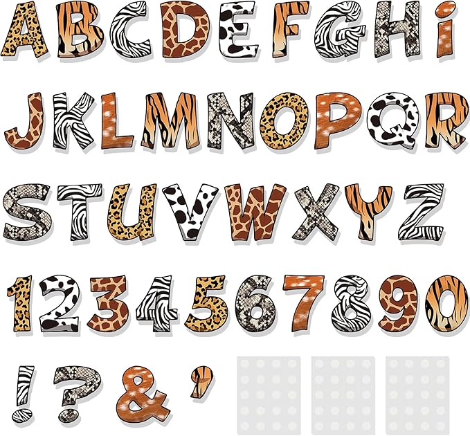 40 Sheets Safari Animal Prints Letters Cutout 4.8 Inch Jungle Bulletin Board Letters and Number Accents with Glue Point Dots for Classroom Baby Shower Safari Jungle Birthday Party Decors