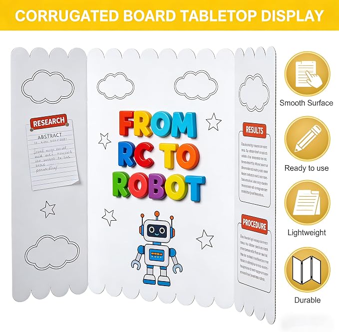 7 Pack Trifold Display Board (24"x15"), White Corrugated Poster Board for School Projects, Science Fairs, Presentations