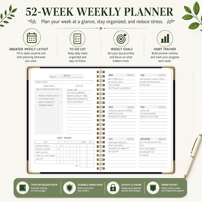 Undated Weekly Planner, Weekly To Do List Notebook with Goal & Habit Tracker Organizer, A5 Hardcover Weekly Planner for ADHD, Office School Home Supplies, Reduces Stress and Boosts Productivity - Black
