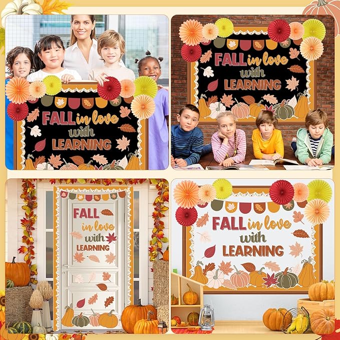 Containlol 66 Pcs Fall Thanksgiving Bulletin Board Decorations Thanksgiving Fall in Love with Learning Classroom Bulletin Board with 3D Paper Fans Boho Pumpkin Maple Leaves Cutouts for Classroom Decor