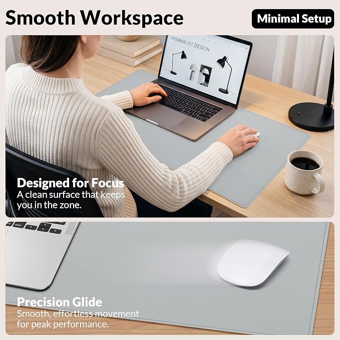 AFIING Cork Desk Mat, 35.4" x 17", Light Grey,Desk pad Protector | Dual-Sided Cork & PU Leather, Large Mouse Pad, Non-Slip & Waterproof
