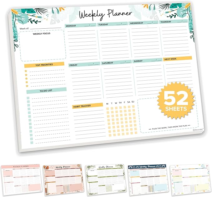 Decorably 52 Sheets Mint Green Undated Weekly Planner Notepad Large - 6.5x10in Spring-Bound Pad, for Focus, Priorities, to-Do List, Habit Tracker, Agenda, Notes - Home, School, Office