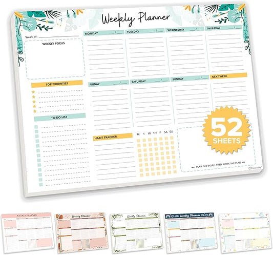 Decorably 52 Sheets Mint Green Undated Weekly Planner Notepad Large - 6.5x10in Spring-Bound Pad, for Focus, Priorities, to-Do List, Habit Tracker, Agenda, Notes - Home, School, Office